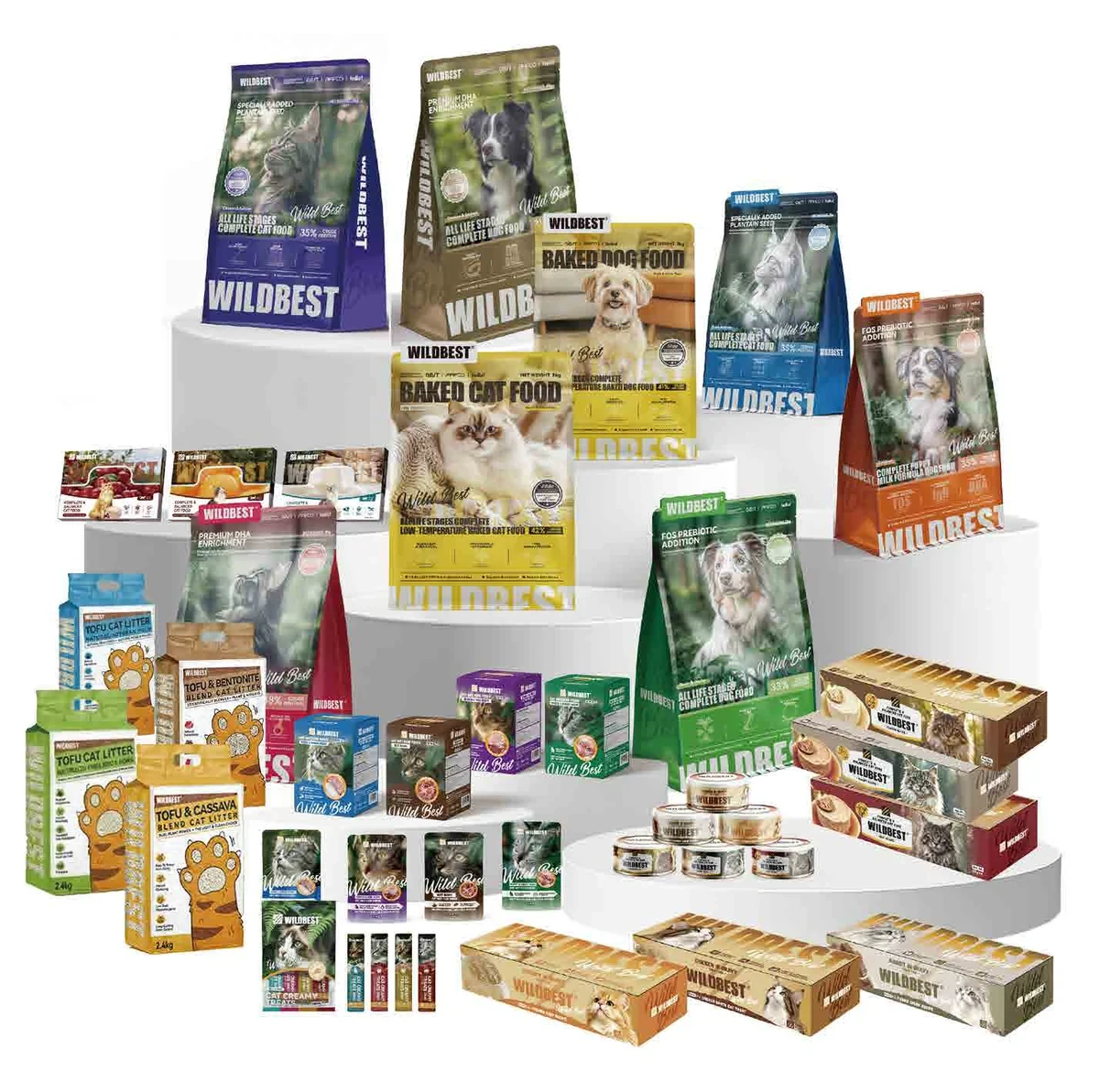 The full range: pouches, cartons, treats and kibble